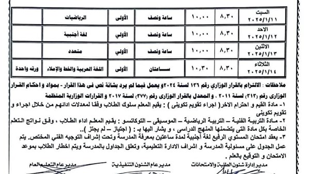 في هذا الموعد.. جدول امتحانات الصف الثالث الإبتدائي الفصل الدراسي الثاني 2025